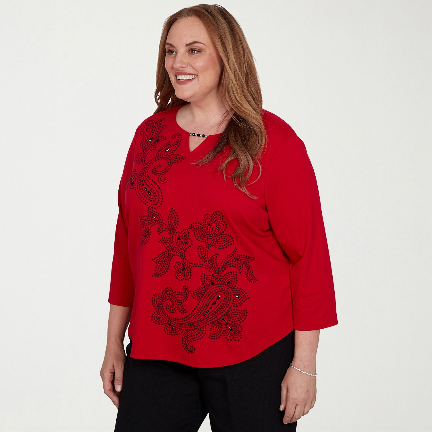 Alfred Dunner Dinner Theater Womens Plus Keyhole Neck 3/4 Sleeve T-Shirt