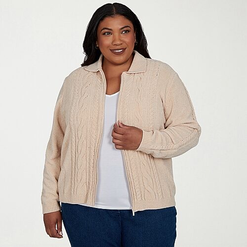 Alfred Dunner Womens Long Sleeve Zipper Plus Cardigan In Beige