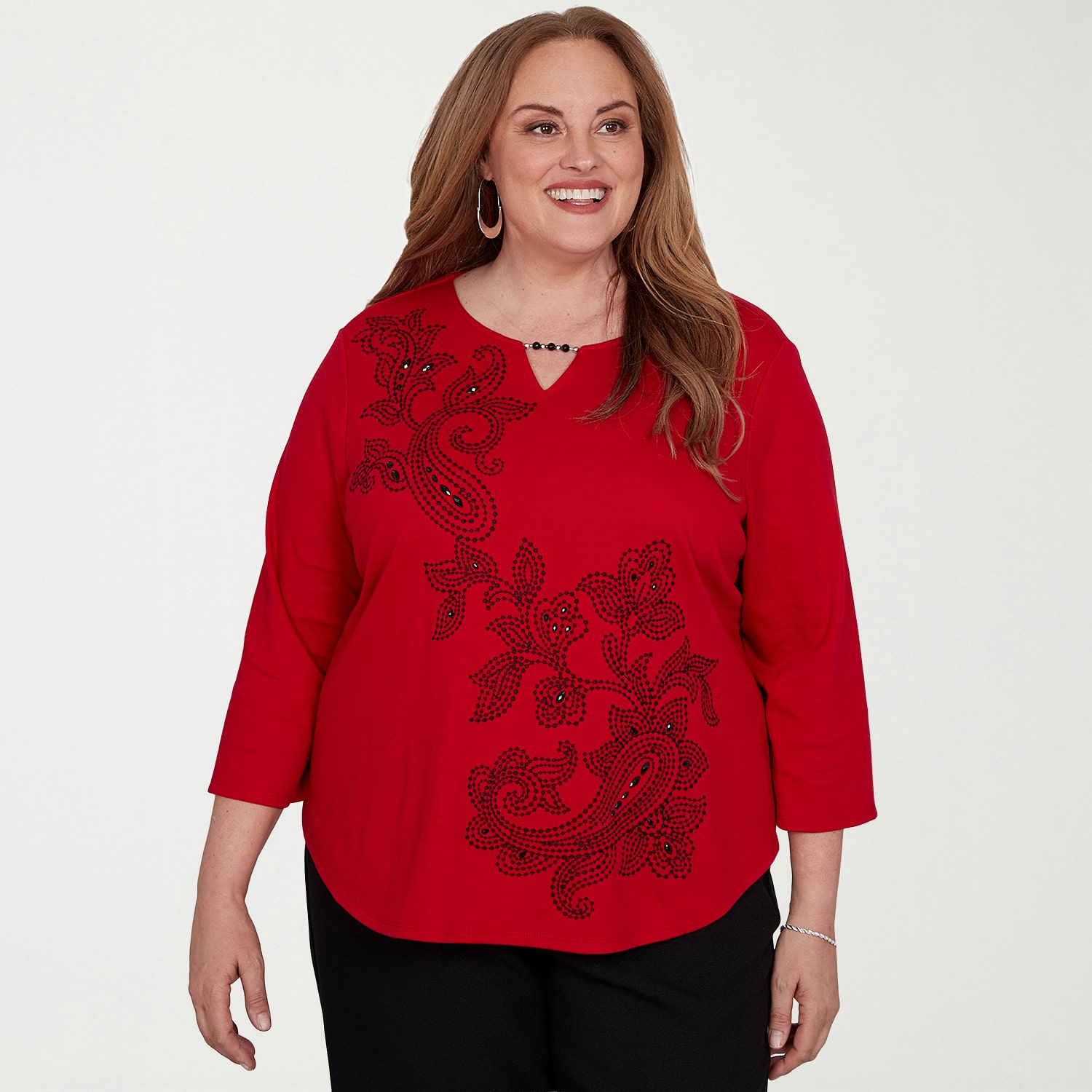 Alfred Dunner Dinner Theater Womens Plus Keyhole Neck 3/4 Sleeve T-Shirt
