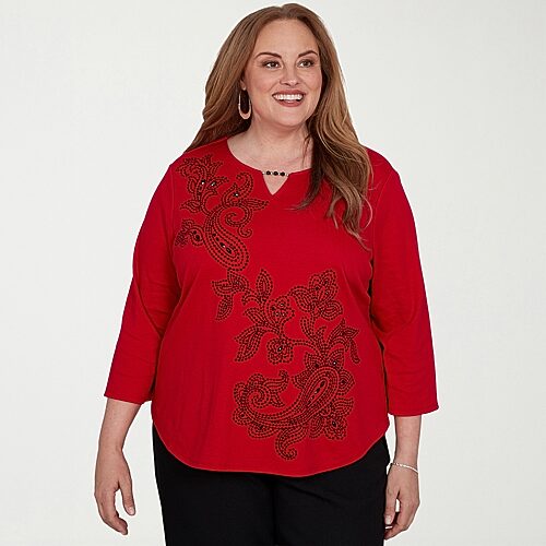 Alfred Dunner Dinner Theater Womens Plus Keyhole Neck 3/4 Sleeve T-Shirt, 3x, Red