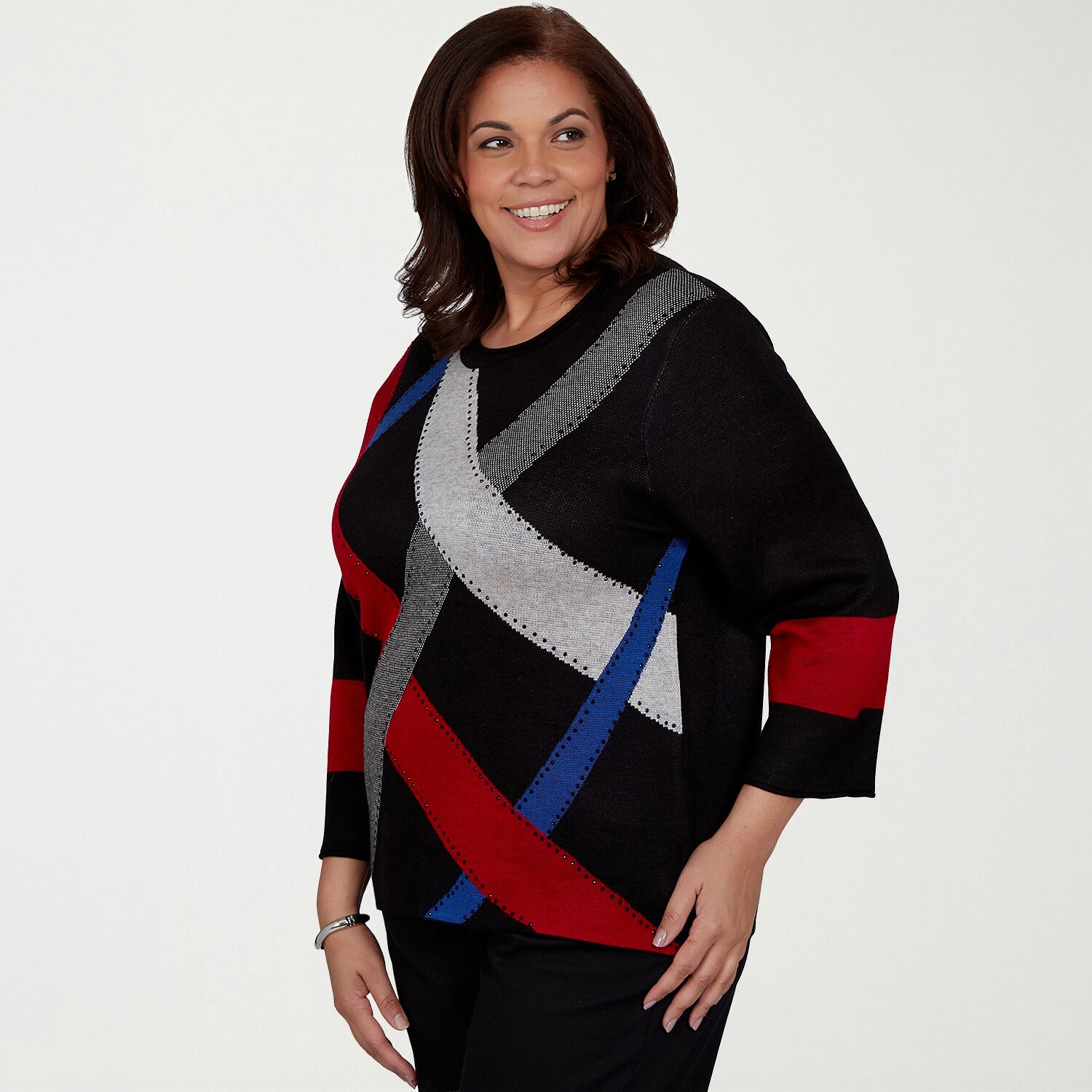 Alfred Dunner Plus Dinner Theater Womens Crew Neck 3/4 Sleeve Pullover Sweater