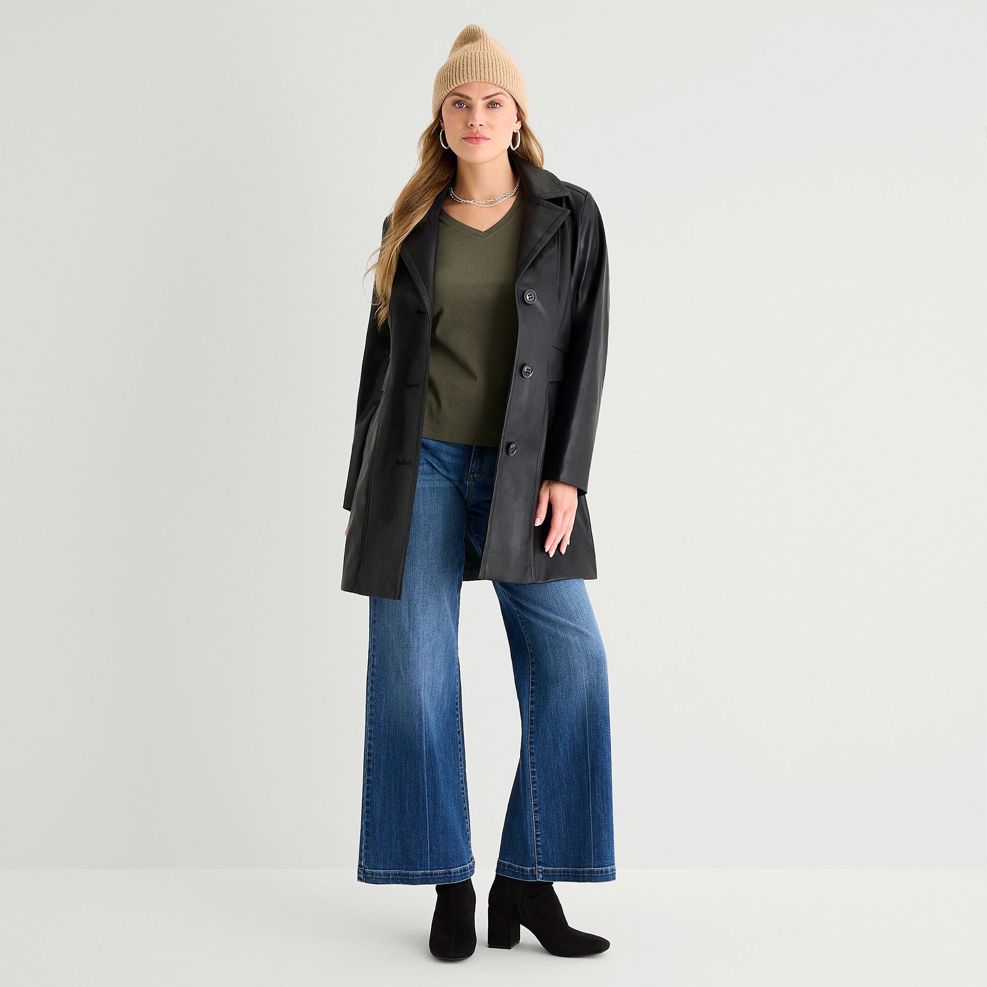 Gallery Womens Faux Leather Water Resistant Midweight Trench Coat