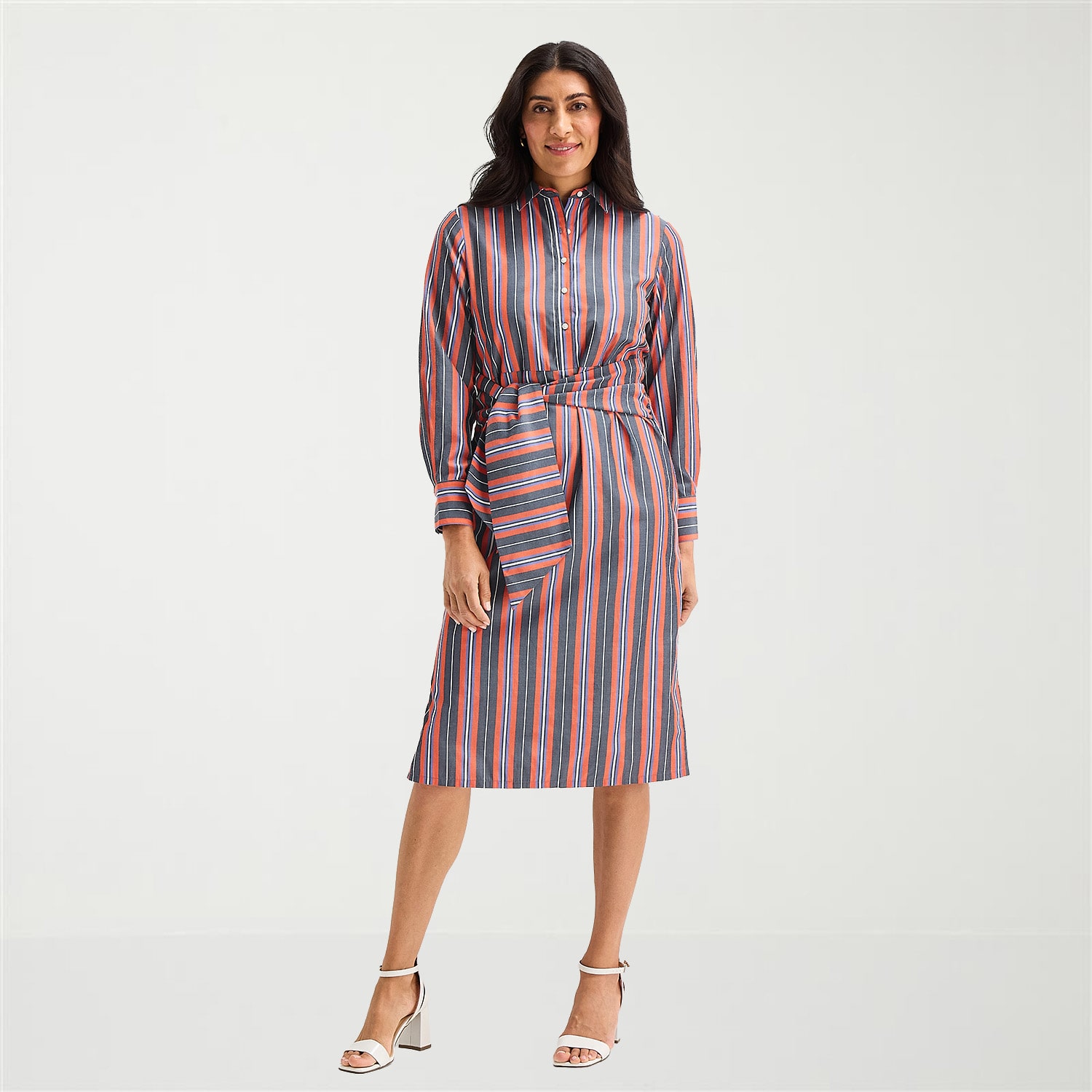 Liz Claiborne Womens Long Sleeve Midi Striped Shirt Dress