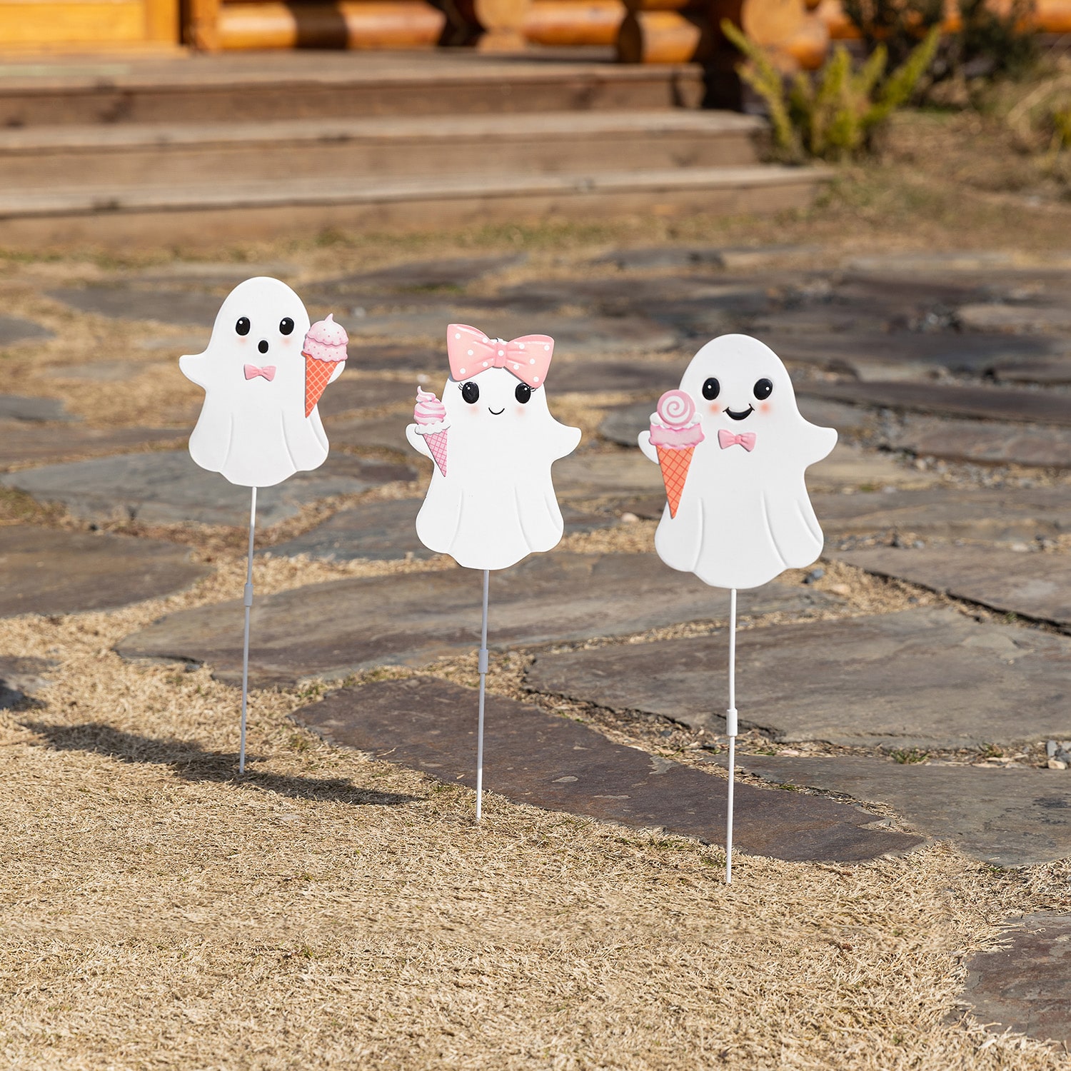 Glitzhome 24" Metal Pink Ghosts Halloween Yard Art
