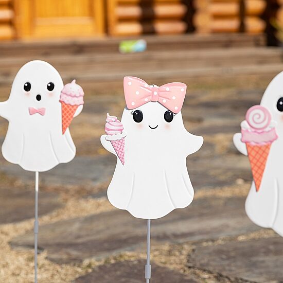Glitzhome 24" Metal Pink Ghosts Halloween Yard Art