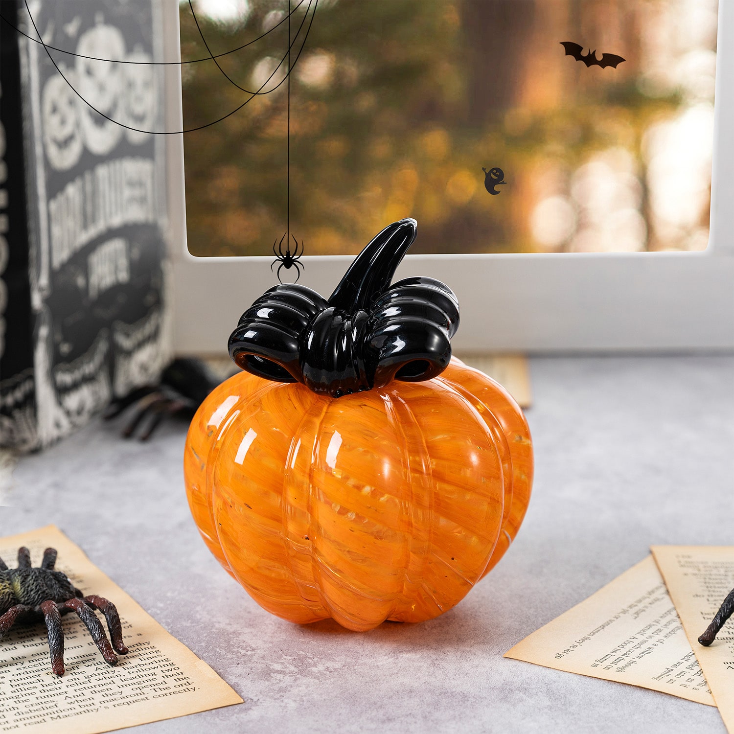Glitzhome 5" Striped Glass Pumpkin Halloween Tabletop Decor