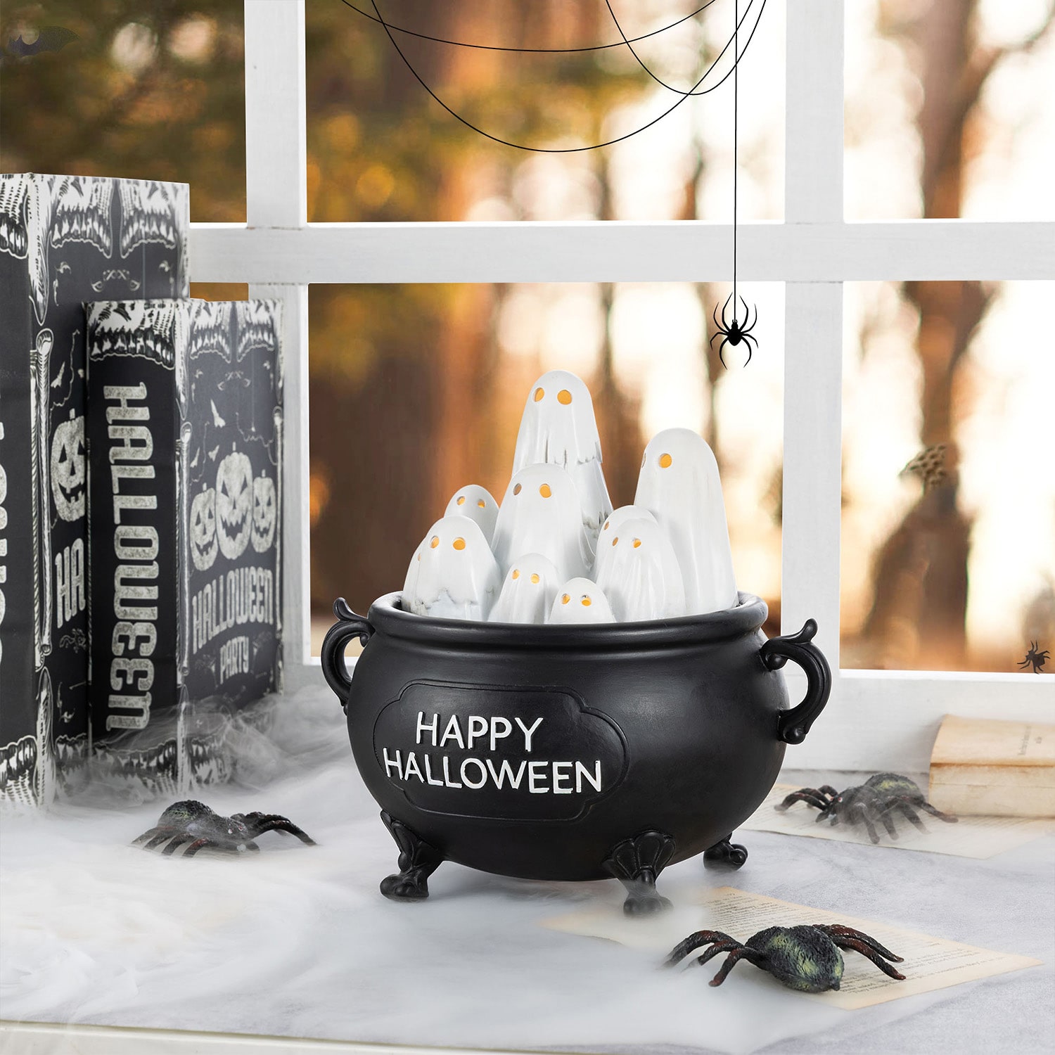 Glitzhome 9" Lighted Polyresin Ghosts In Cauldron Halloween Tabletop Decor