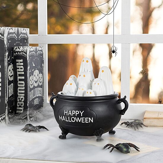 Glitzhome 9" Lighted Polyresin Ghosts In Cauldron Tabletop Decor
