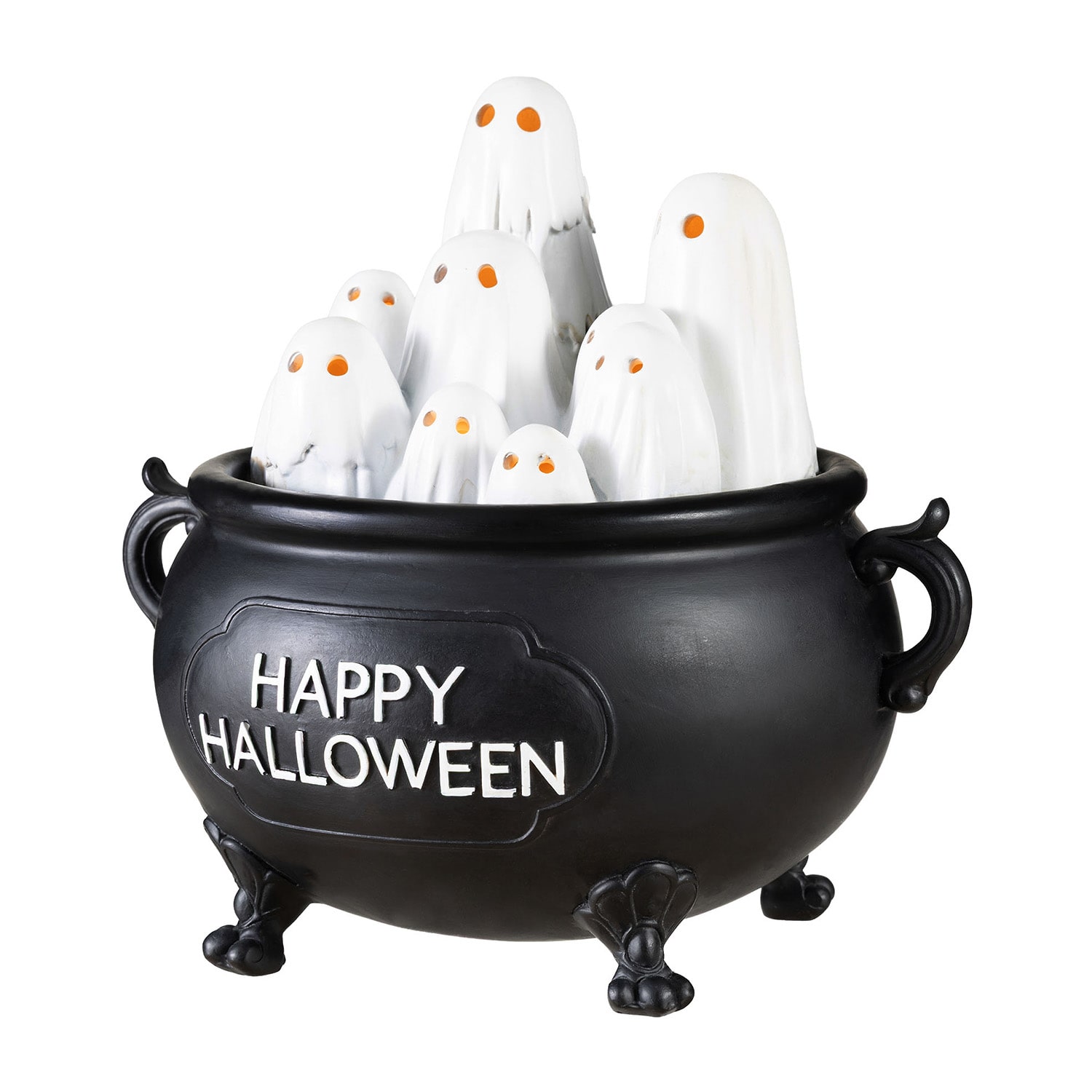 Glitzhome 9" Lighted Polyresin Ghosts In Cauldron Halloween Tabletop Decor