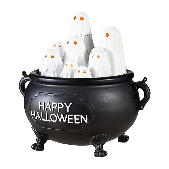 Glitzhome 9" Lighted Polyresin Ghosts In Cauldron Tabletop Decor