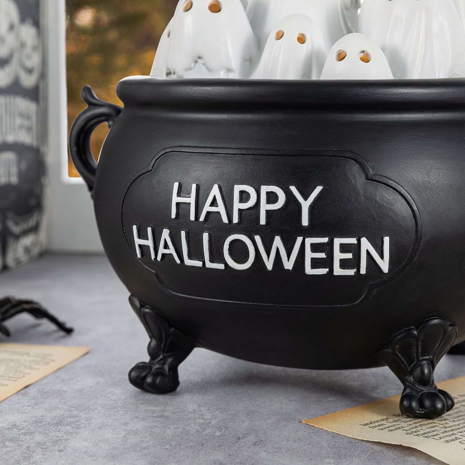 Glitzhome 9" Lighted Polyresin Ghosts In Cauldron Halloween Tabletop Decor