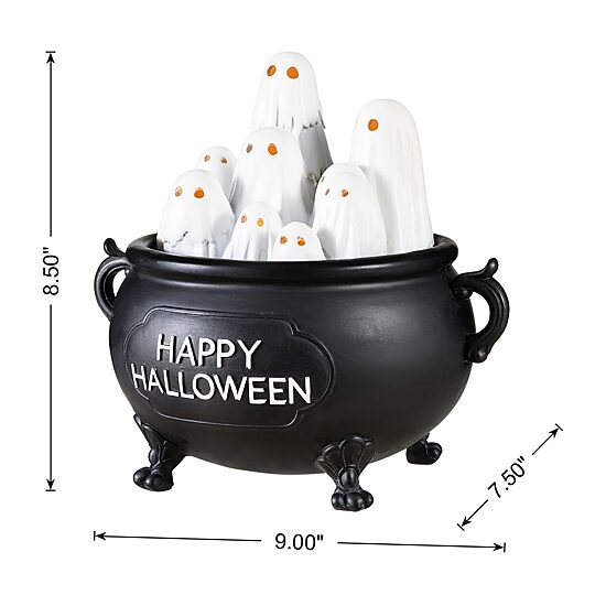 Glitzhome 9" Lighted Polyresin Ghosts In Cauldron Tabletop Decor