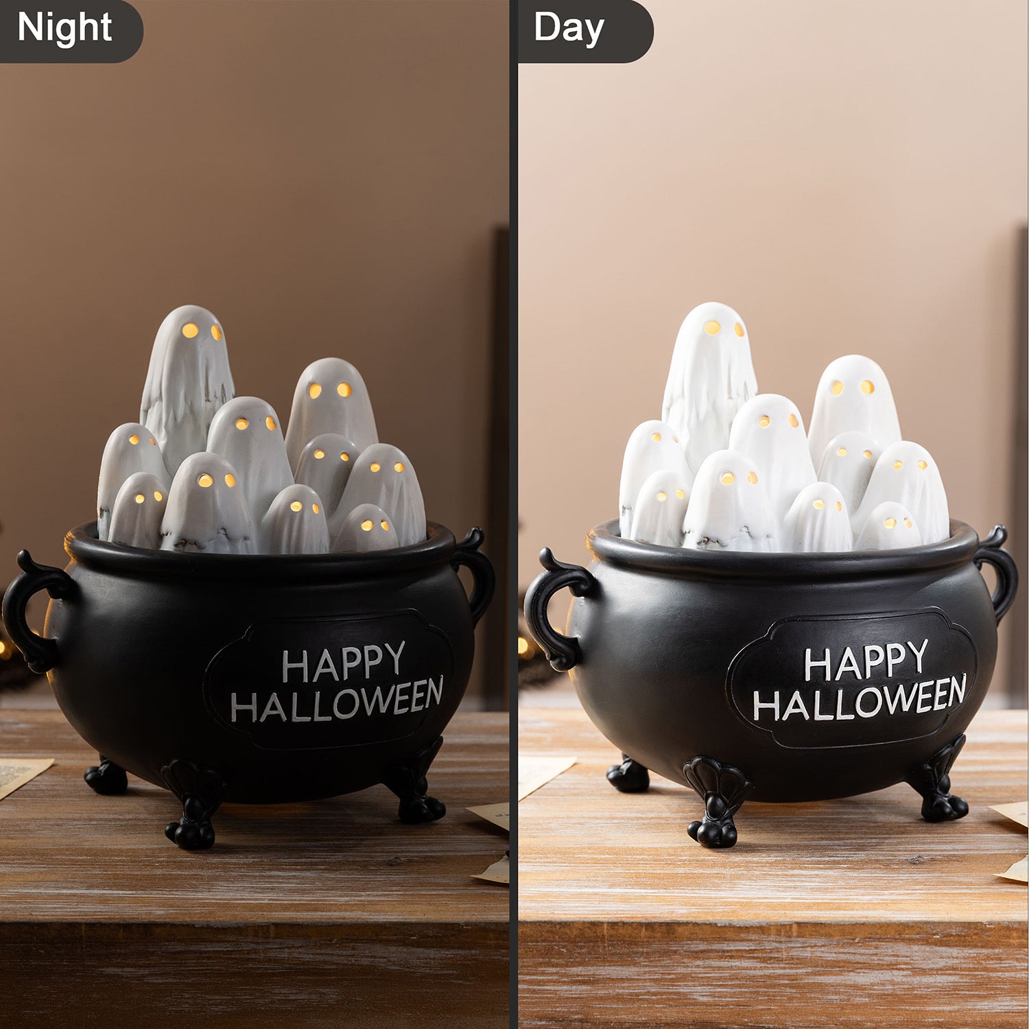 Glitzhome 9" Lighted Polyresin Ghosts In Cauldron Halloween Tabletop Decor