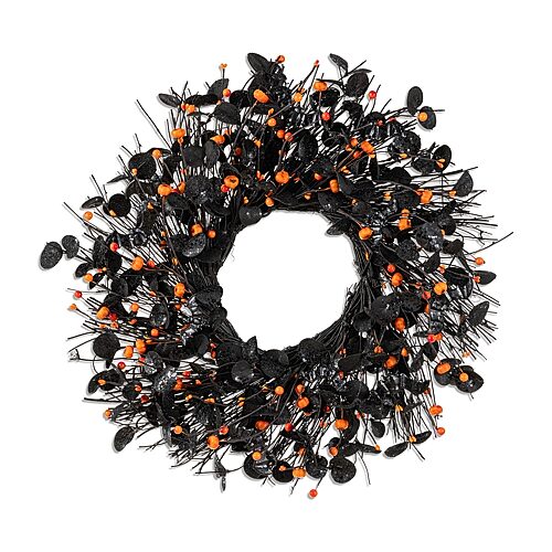 Glitzhome 22" Eucalyptus Pumpkin Bat Wreath Hanger In Black