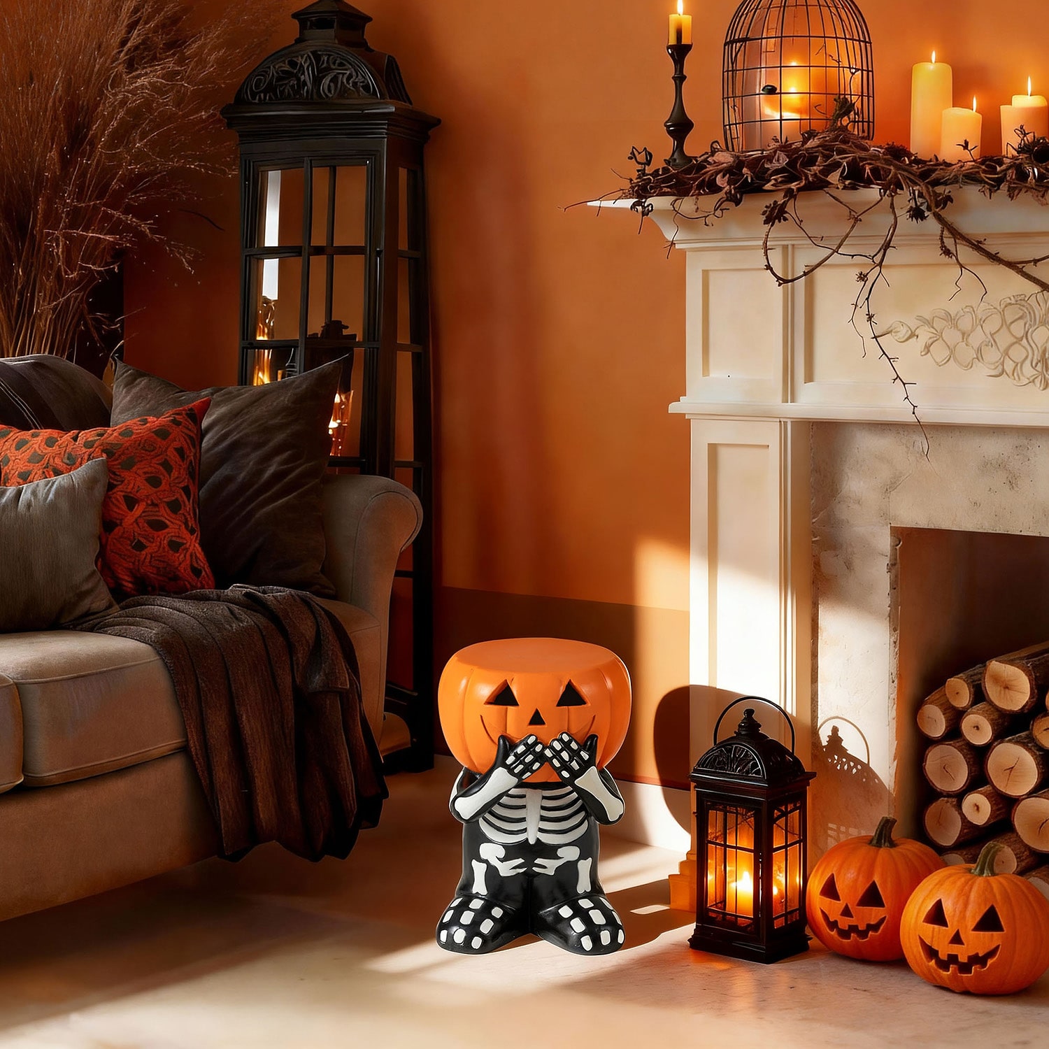 Glitzhome 15" Mgo Skeleton Pumpkin Bar Stool
