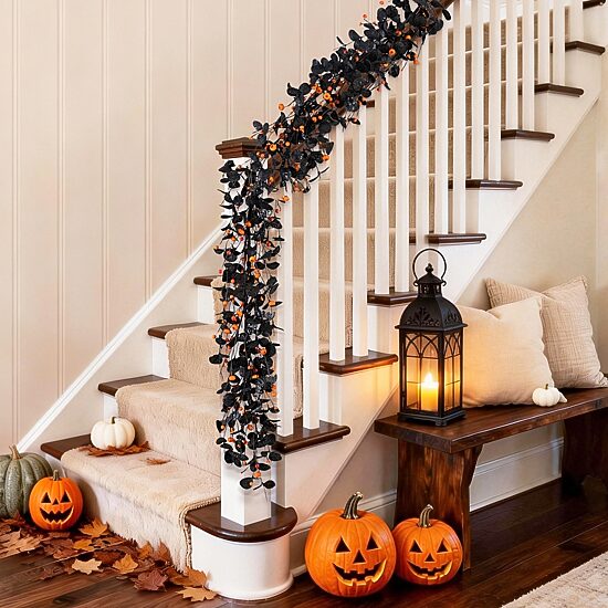 Glitzhome 72"Eucalyptus Pumpkin Bat Halloween Garland