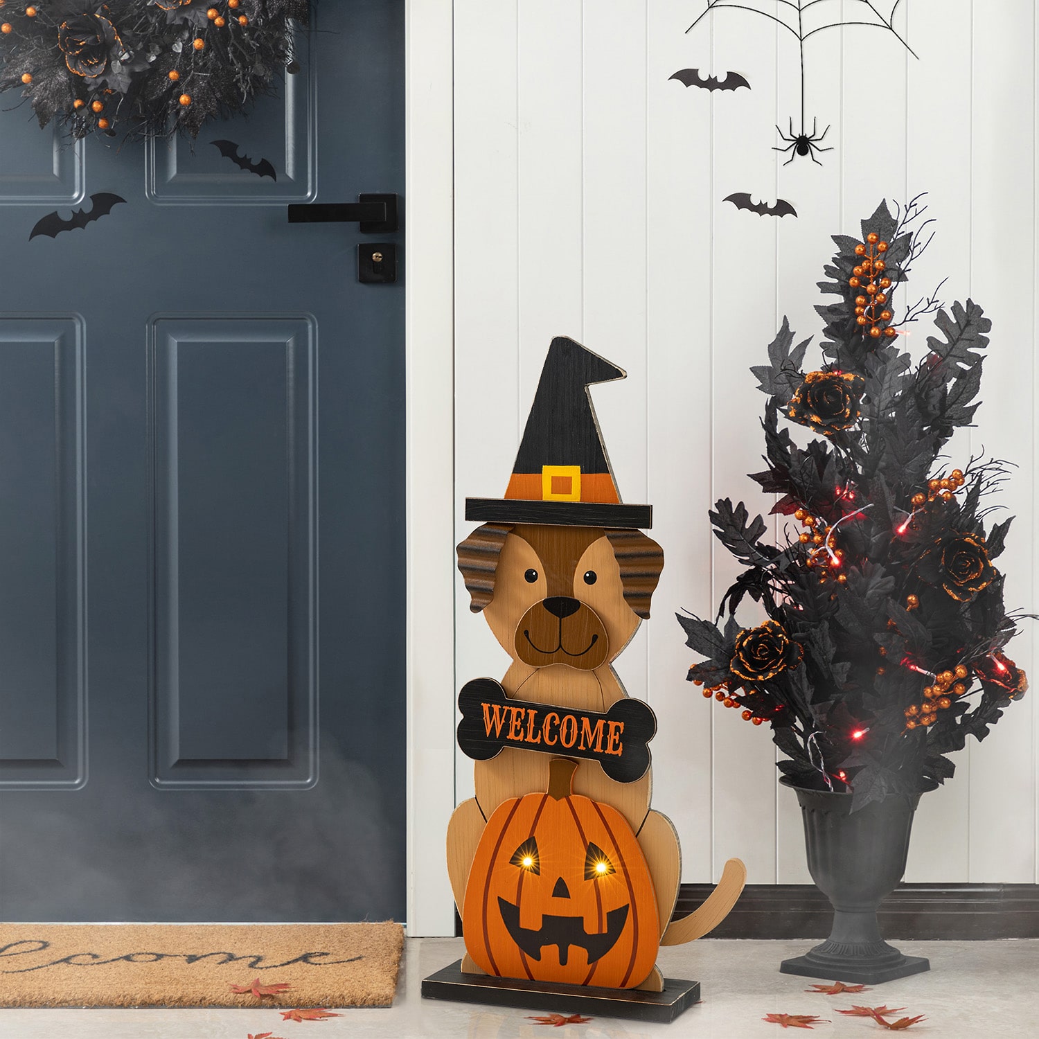 Glitzhome 30"Wooden Lighted Witch Dog Halloween Porch Sign