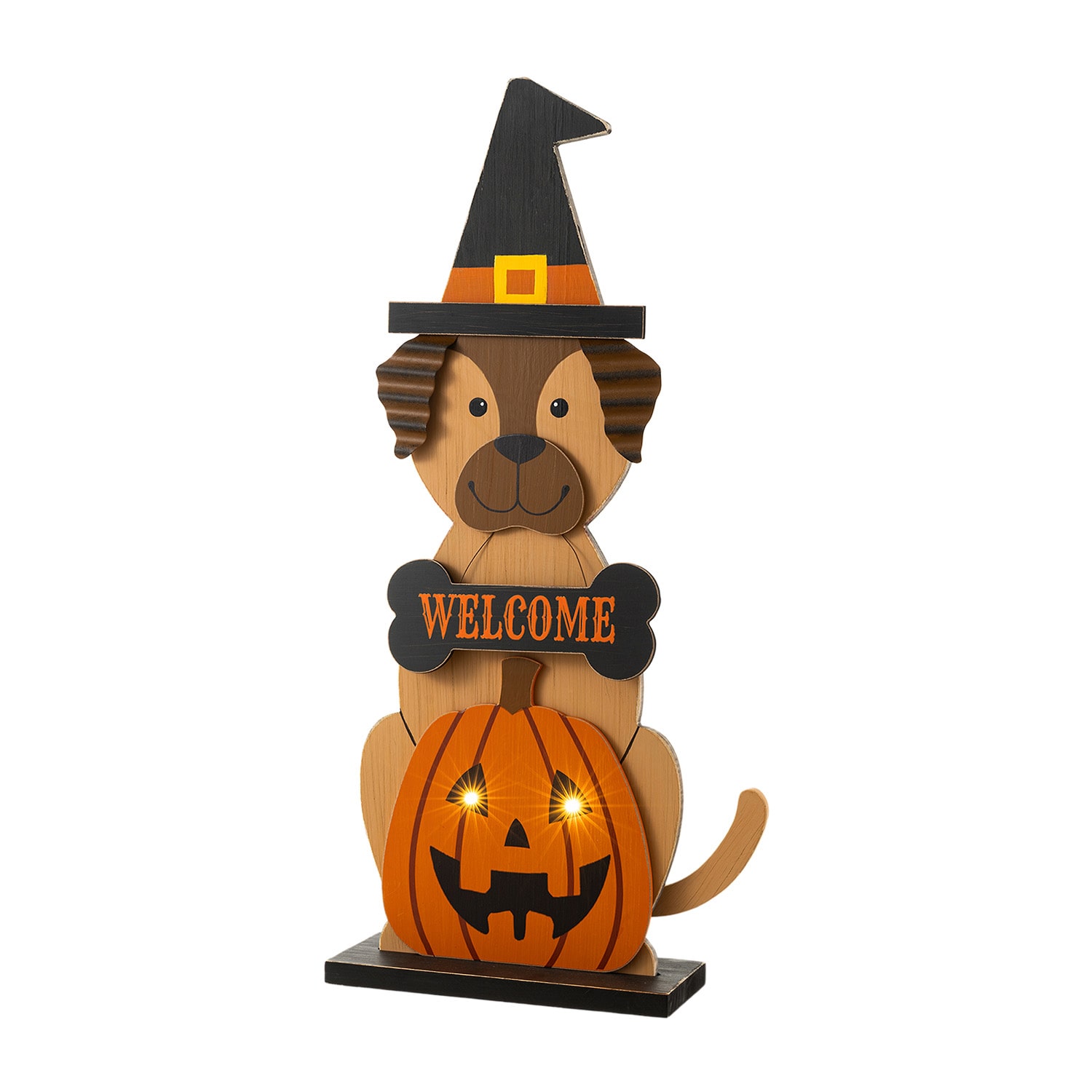 Glitzhome 30"Wooden Lighted Witch Dog Halloween Porch Sign