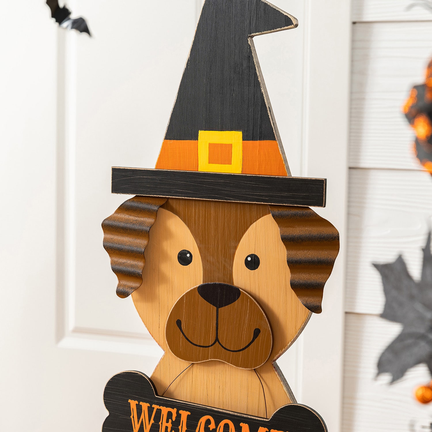 Glitzhome 30"Wooden Lighted Witch Dog Halloween Porch Sign