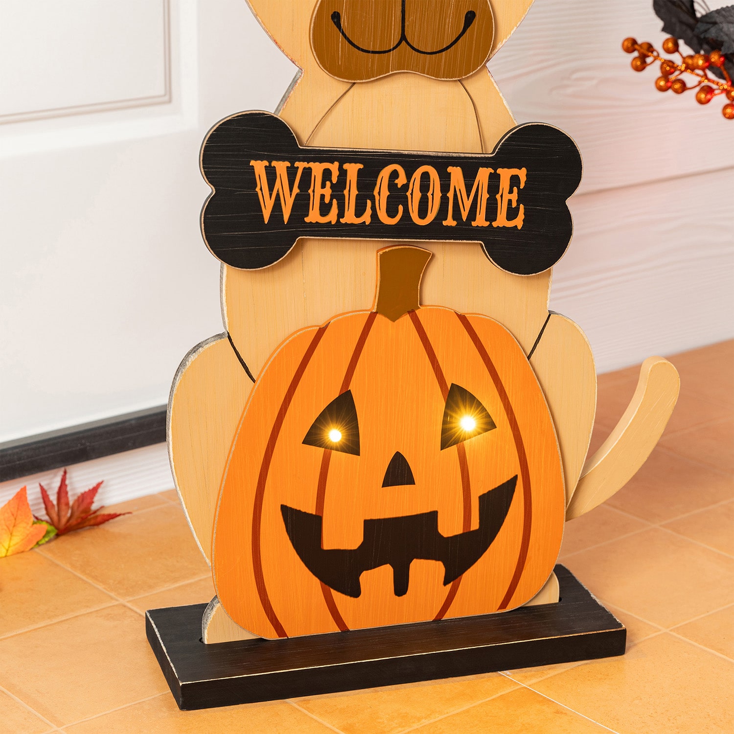 Glitzhome 30"Wooden Lighted Witch Dog Halloween Porch Sign
