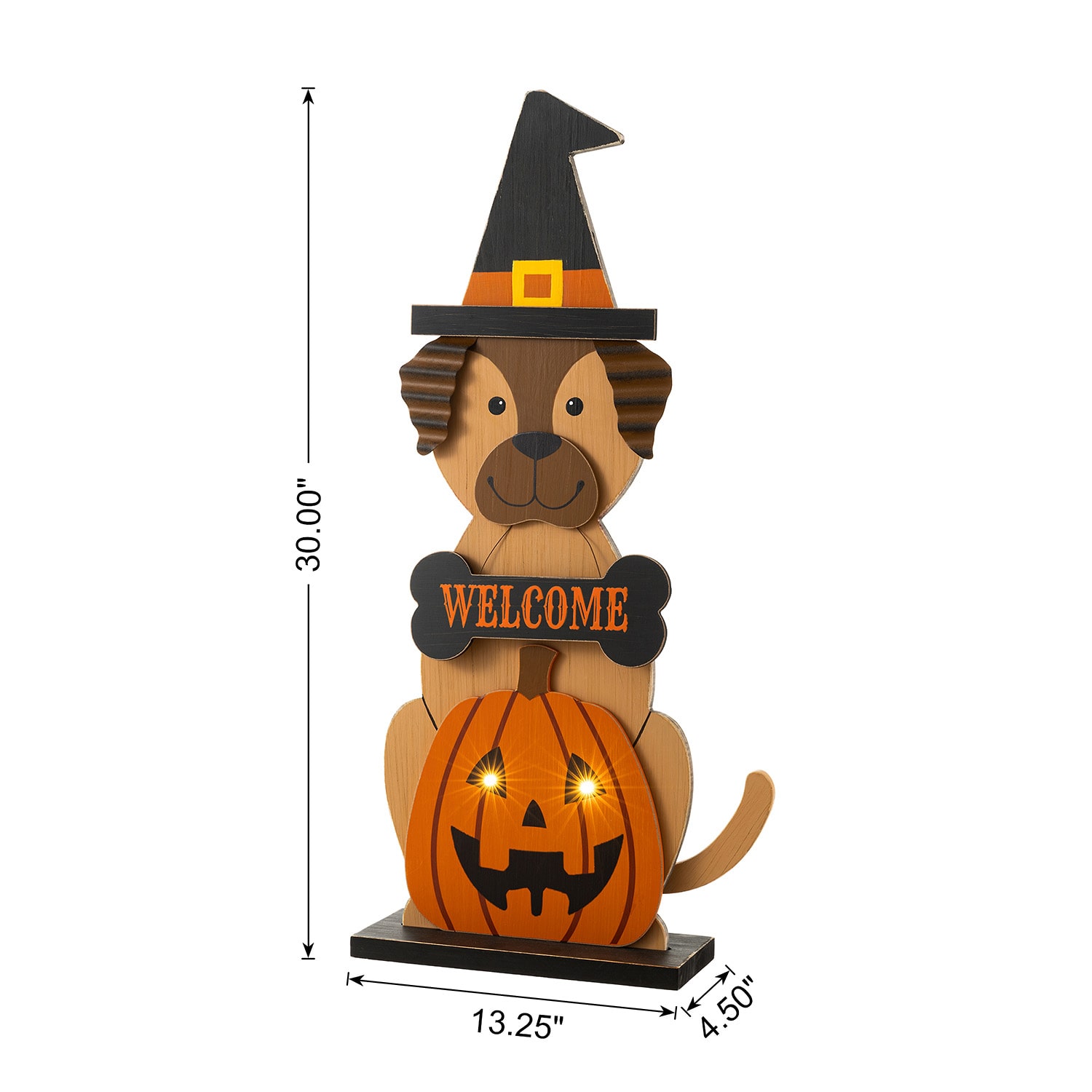Glitzhome 30"Wooden Lighted Witch Dog Halloween Porch Sign