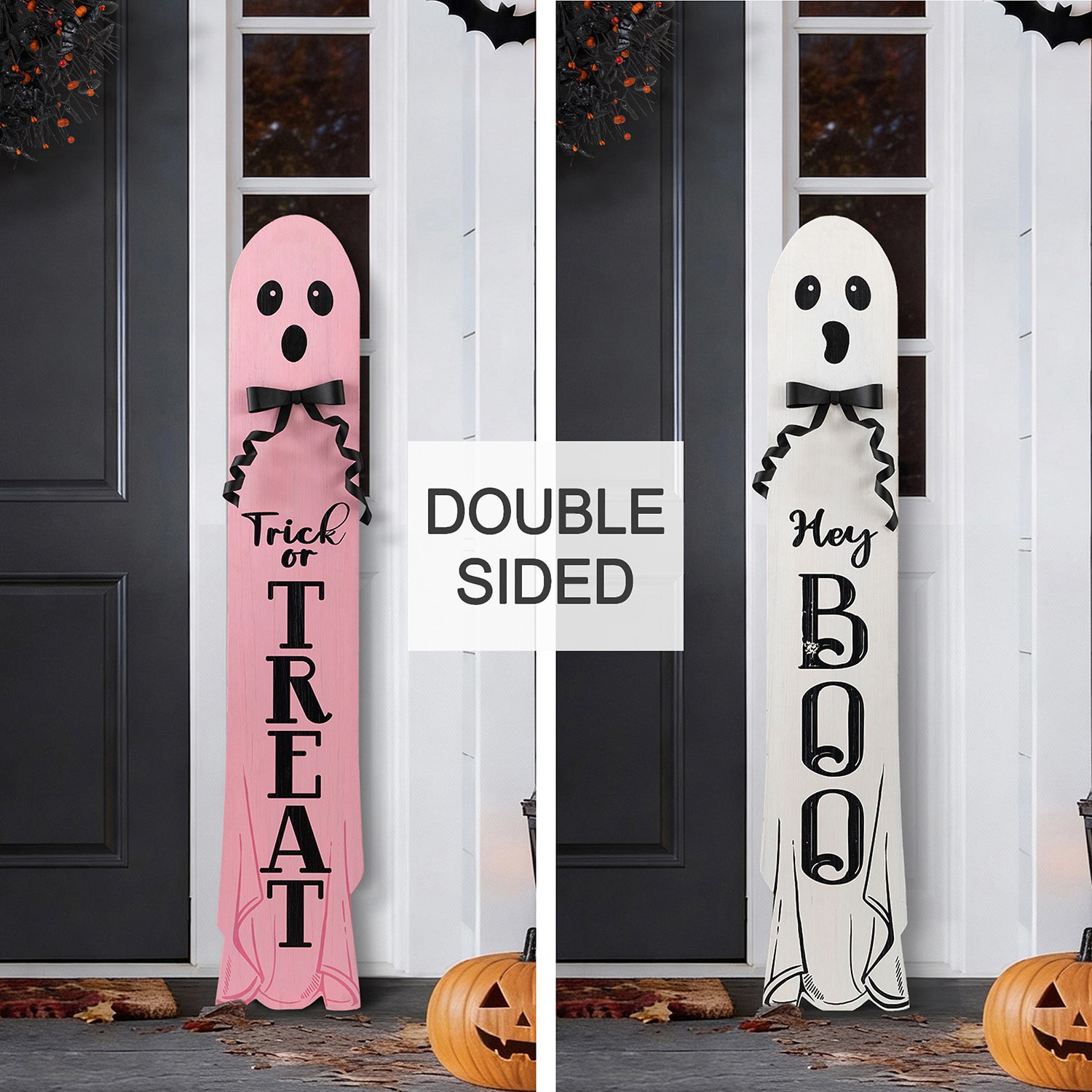 Glitzhome 42" Wood Reversible Ghost Halloween Porch Sign