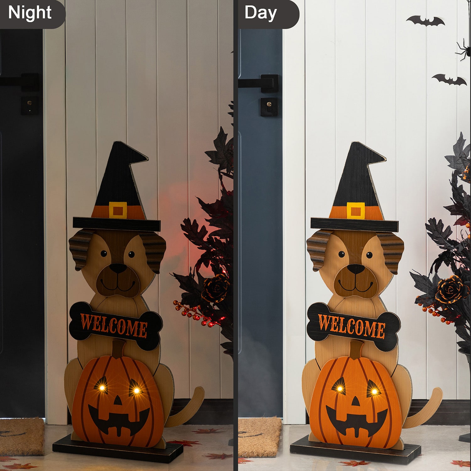 Glitzhome 30"Wooden Lighted Witch Dog Halloween Porch Sign