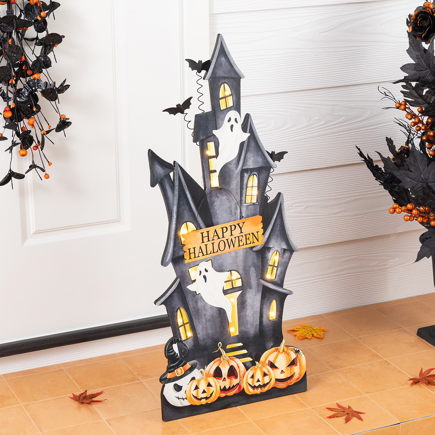 Glitzhome 30" Lighted Wooden Haunted House Halloween Porch Sign