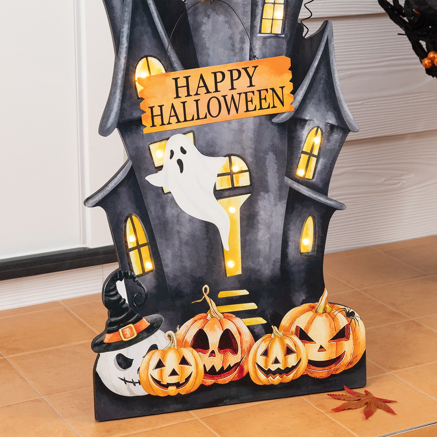Glitzhome 30" Lighted Wooden Haunted House Halloween Porch Sign