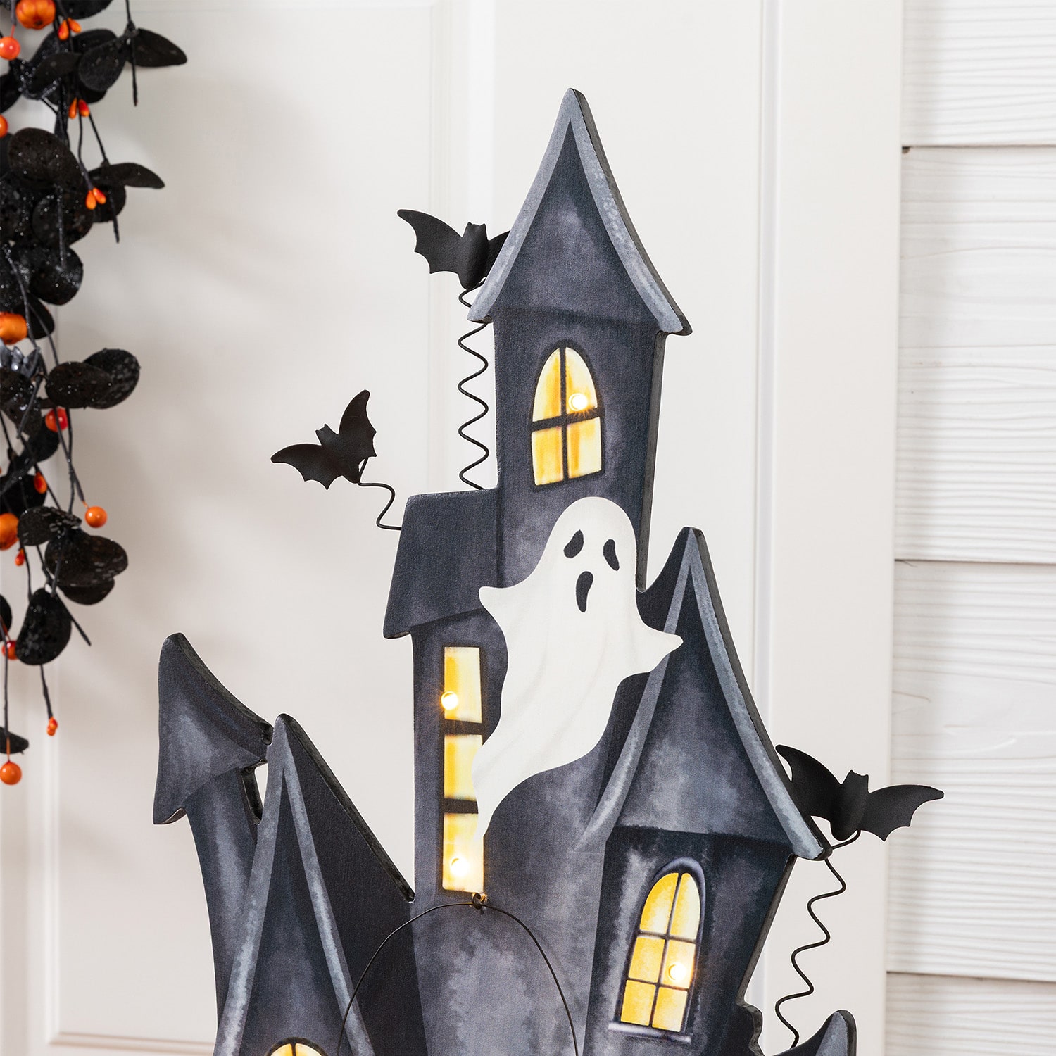 Glitzhome 30" Lighted Wooden Haunted House Halloween Porch Sign