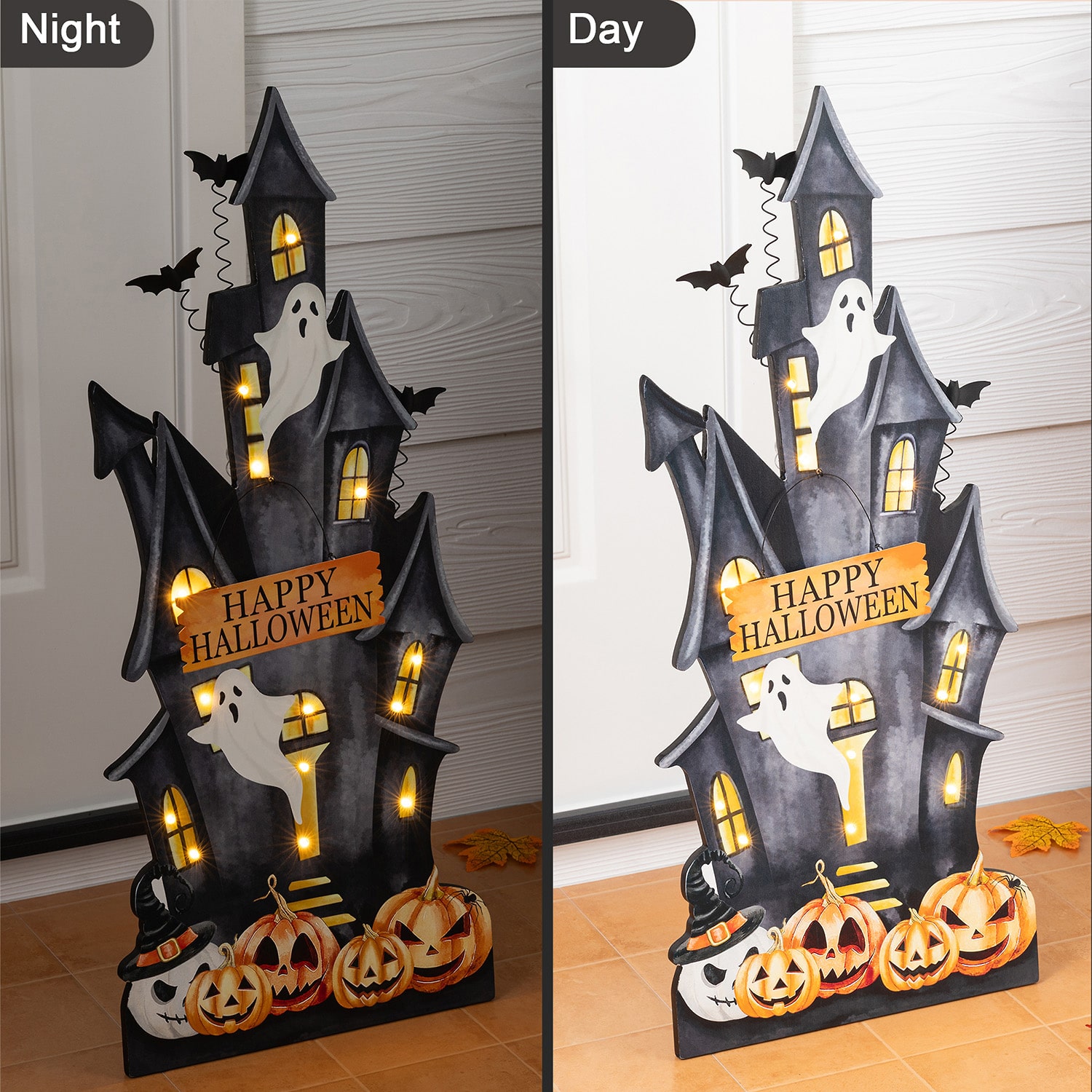 Glitzhome 30" Lighted Wooden Haunted House Halloween Porch Sign