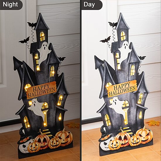 Glitzhome 30" Lighted Wooden Haunted House Porch Sign