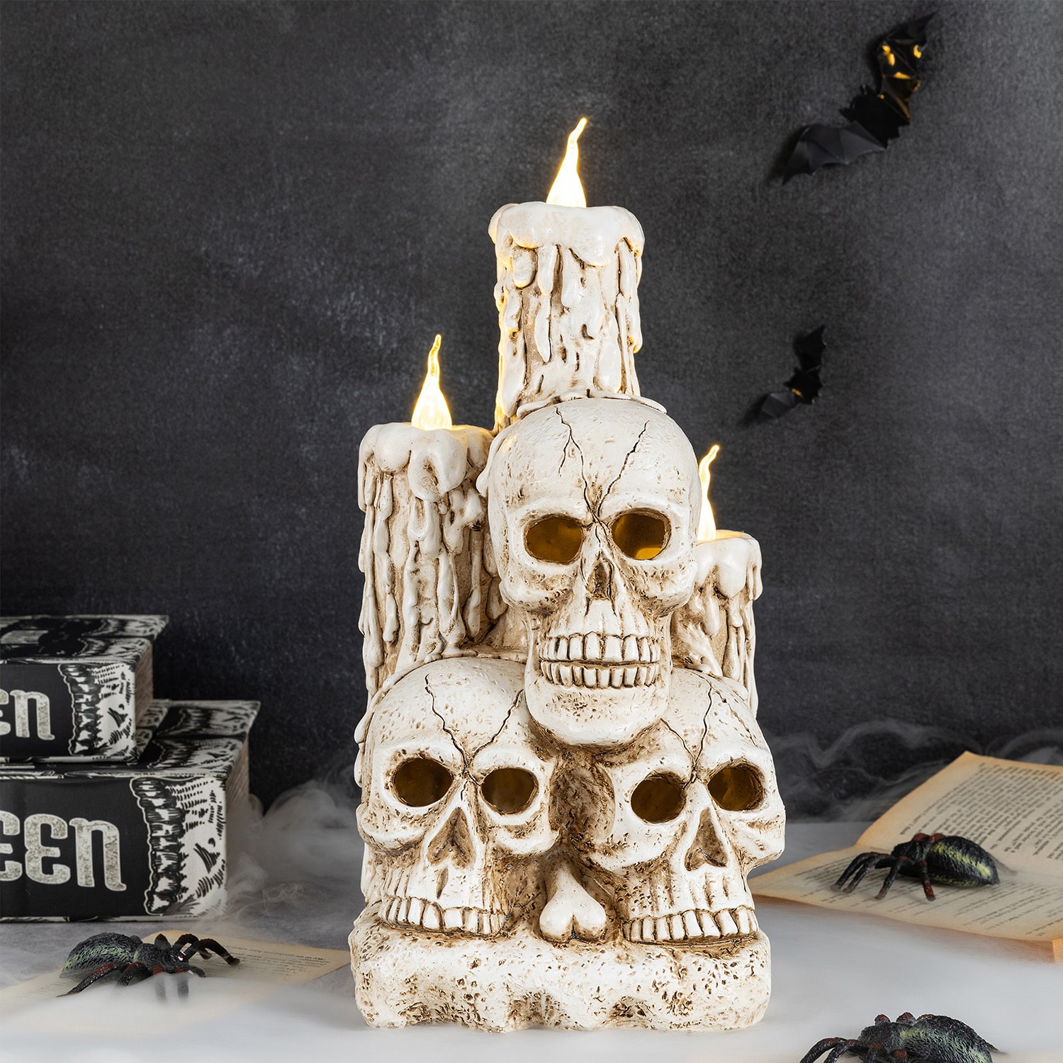 Glitzhome 15" Resin Skulls With Candles Halloween Tabletop Decor