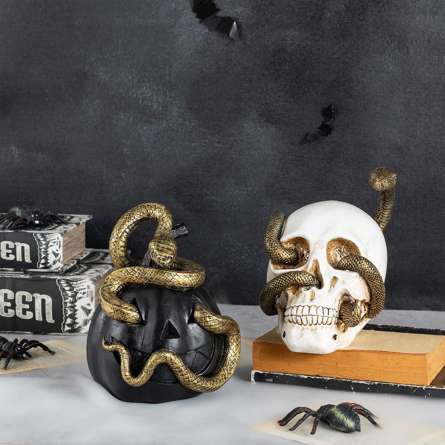 Glitzhome 7"Polyresin Jol And Skull With Snake 2-pc. Halloween Tabletop Decor