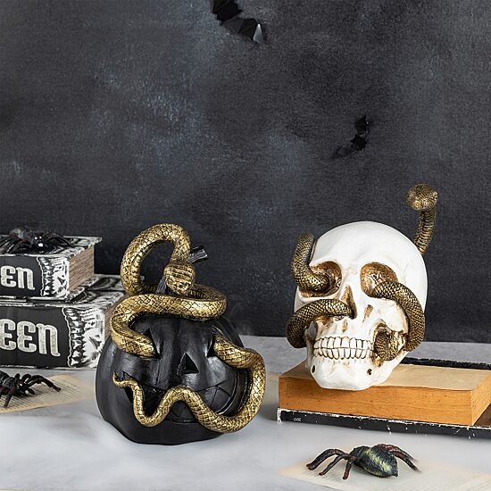 Glitzhome 7"Polyresin Jol And Skull With Snake 2-pc. Tabletop Decor
