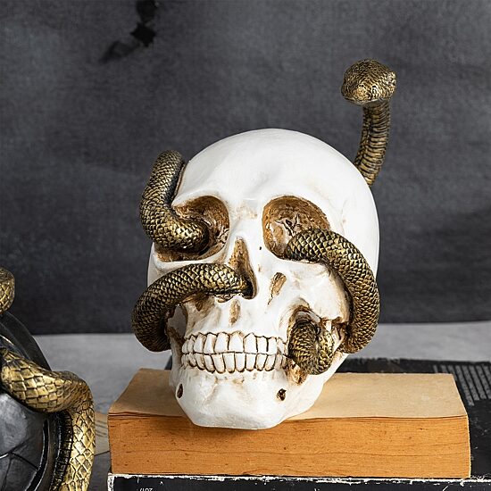 Glitzhome 7"Polyresin Jol And Skull With Snake 2-pc. Tabletop Decor