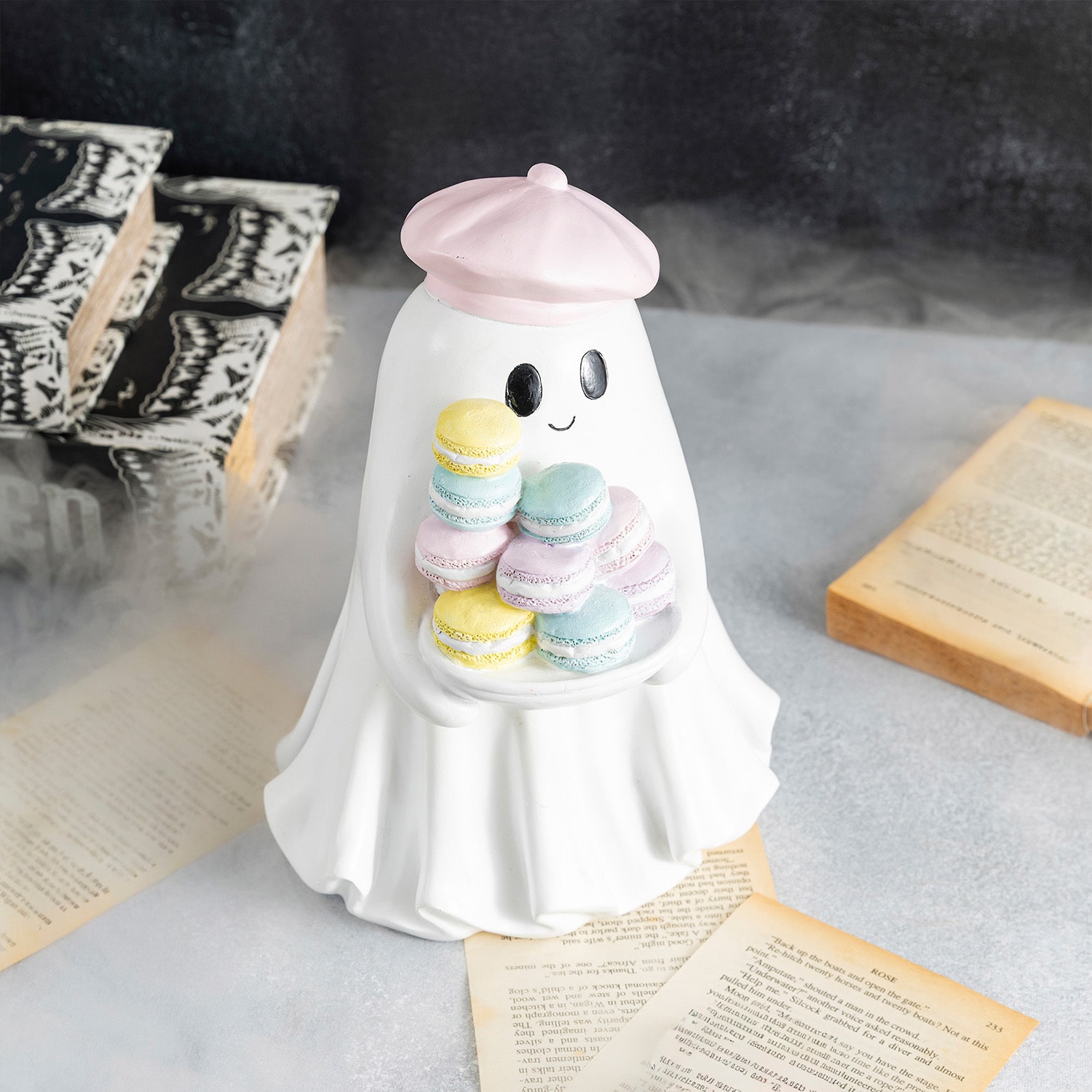 Glitzhome 10"Polyresin Ghost With Macarons Halloween Tabletop Decor