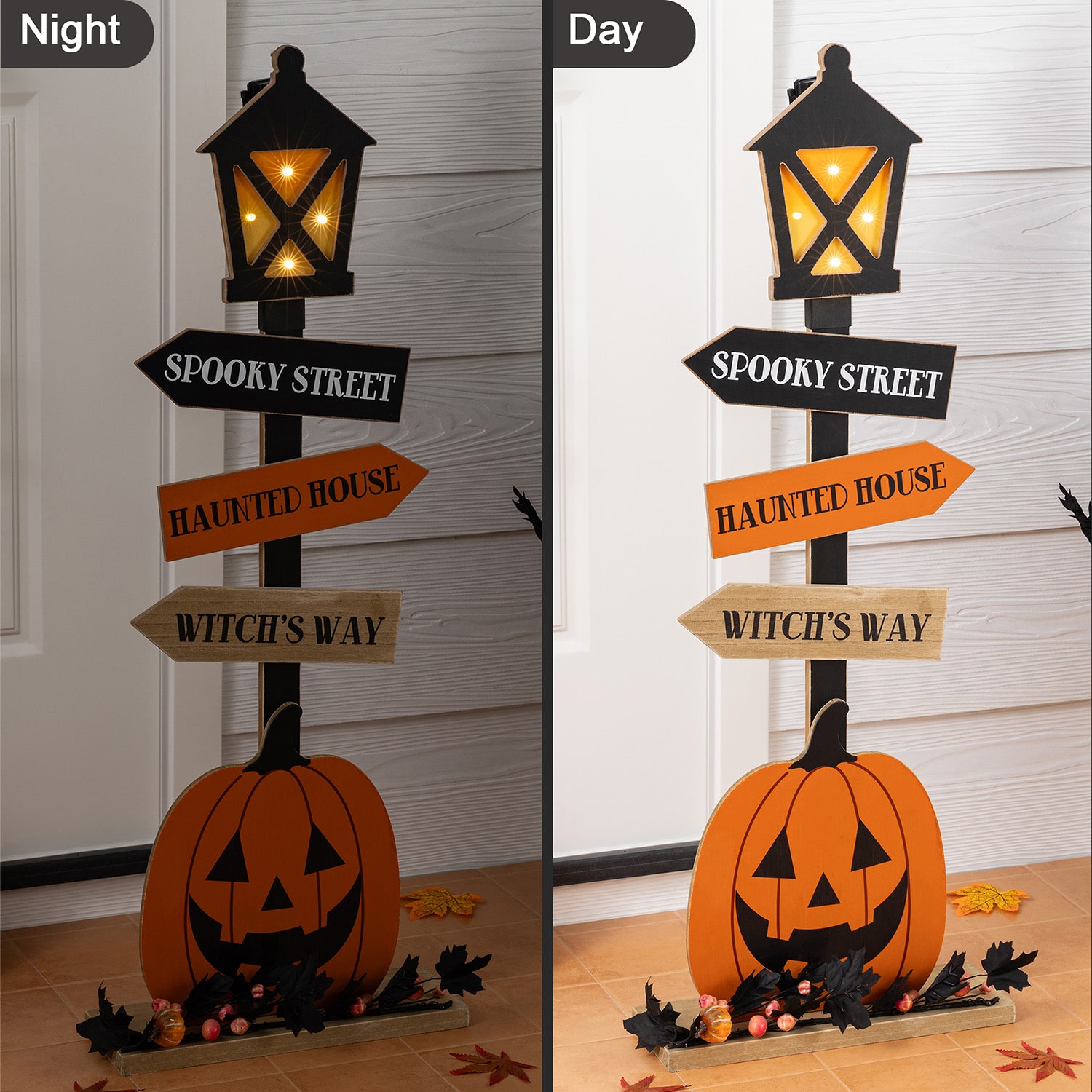Glitzhome 36" Lighted Wooden Jack-O-Lantern Lamp Post Halloween Porch Sign