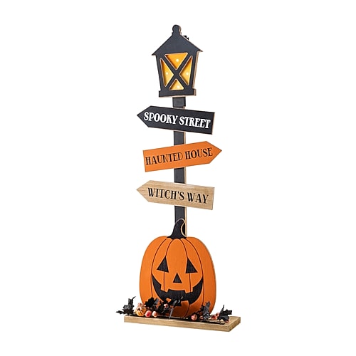 Glitzhome 36" Lighted Wooden Jack-o-lantern Lamp Post Halloween Porch Sign In Black