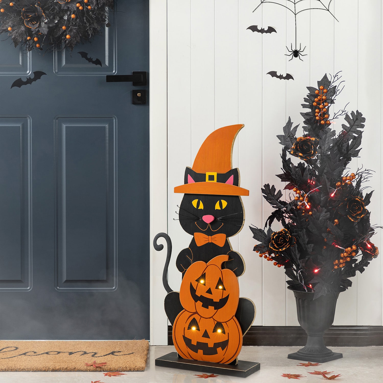 Glitzhome 30"Wooden Lighted Witch Cat Porch Sign