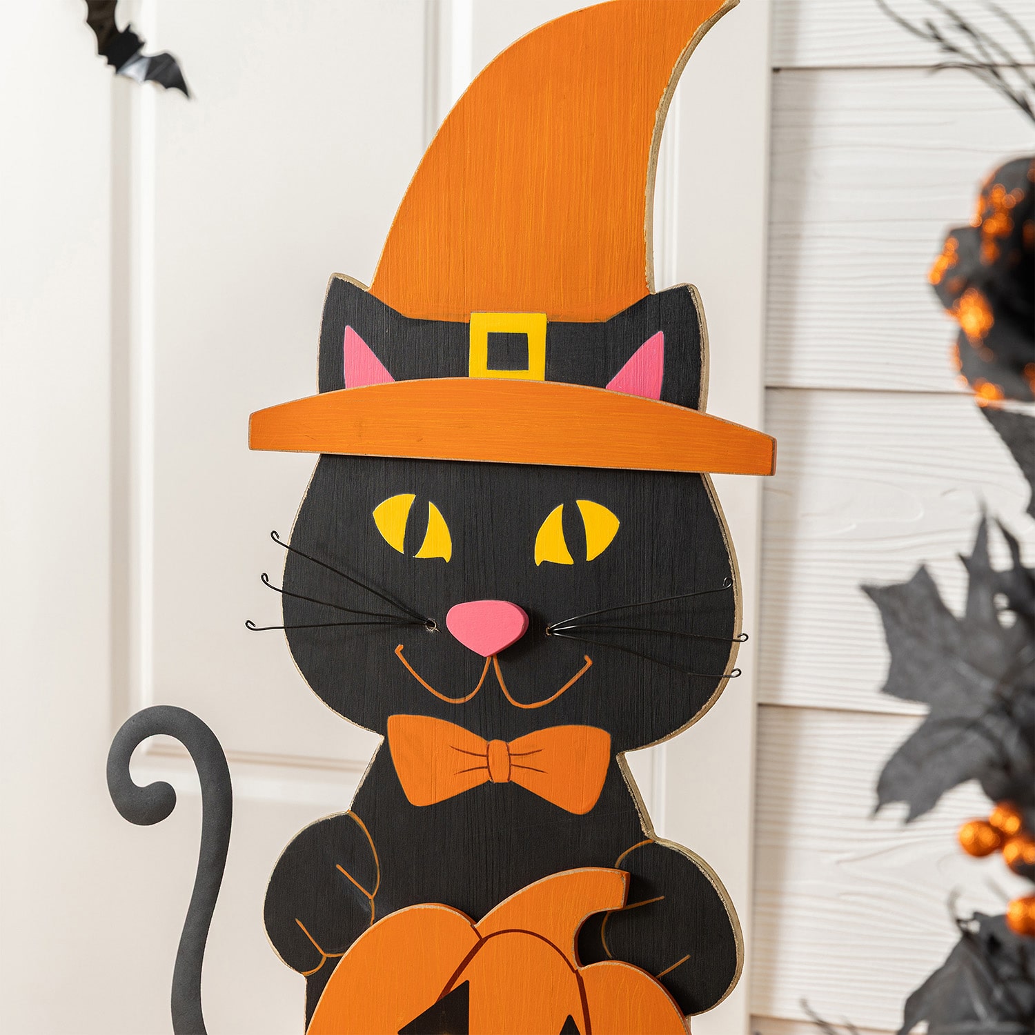 Glitzhome 30"Wooden Lighted Witch Cat Porch Sign