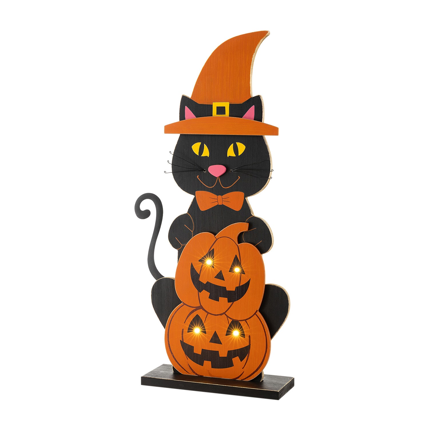 Glitzhome 30"Wooden Lighted Witch Cat Porch Sign