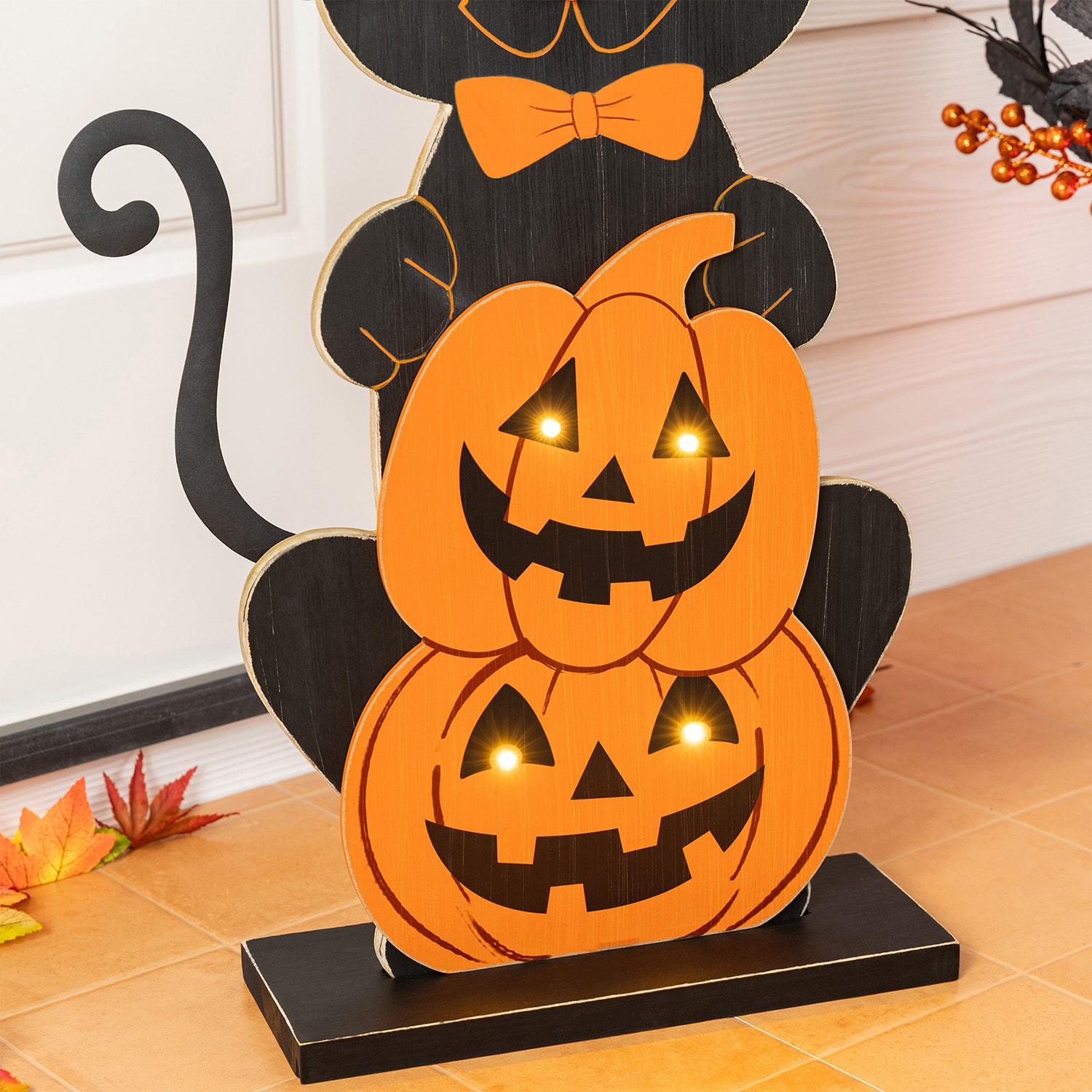 Glitzhome 30"Wooden Lighted Witch Cat Porch Sign