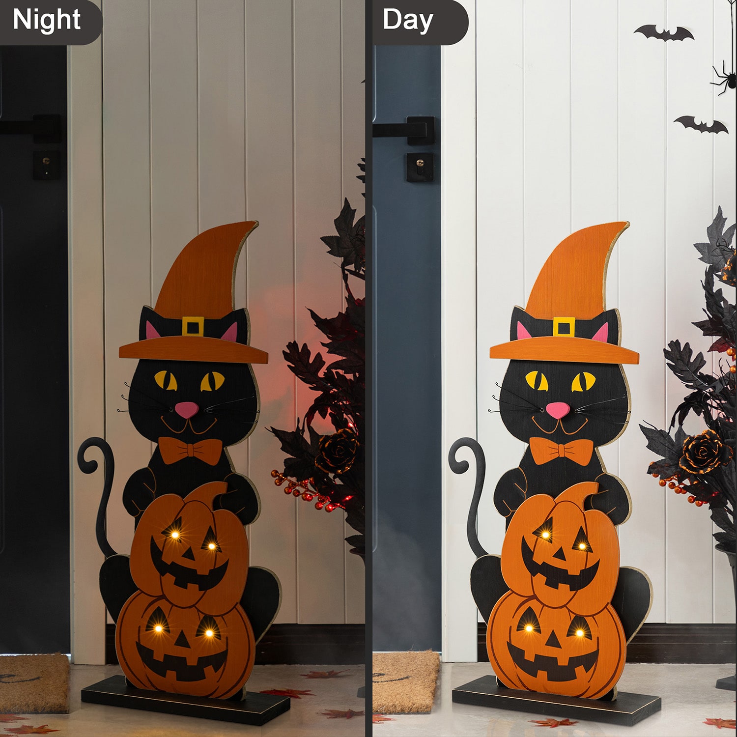 Glitzhome 30"Wooden Lighted Witch Cat Porch Sign