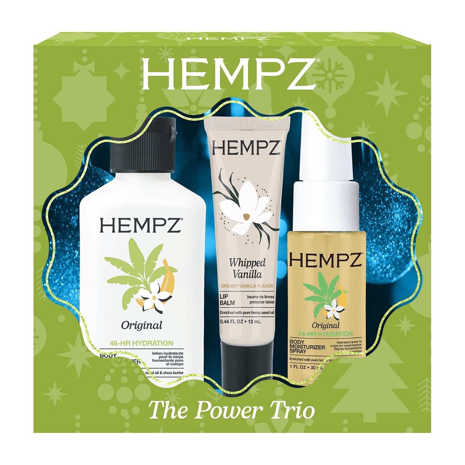 Hempz The Power Trio Mini Original Body Moisturizer, Original Moisturizer Spray & Whipped Vanilla Lip Balm Gift Set