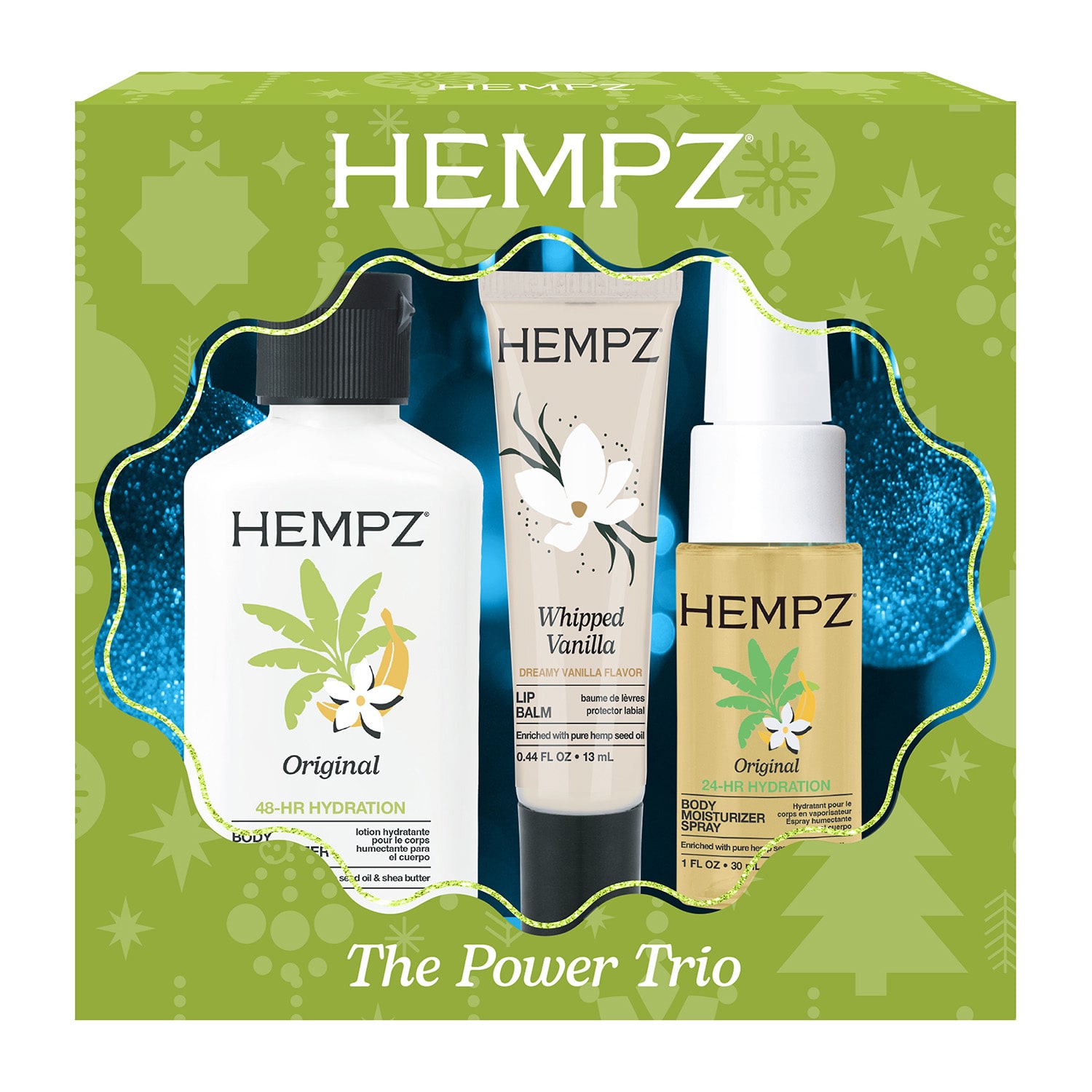 Hempz The Power Trio Mini Original Body Moisturizer, Original Moisturizer Spray & Whipped Vanilla Lip Balm Gift Set