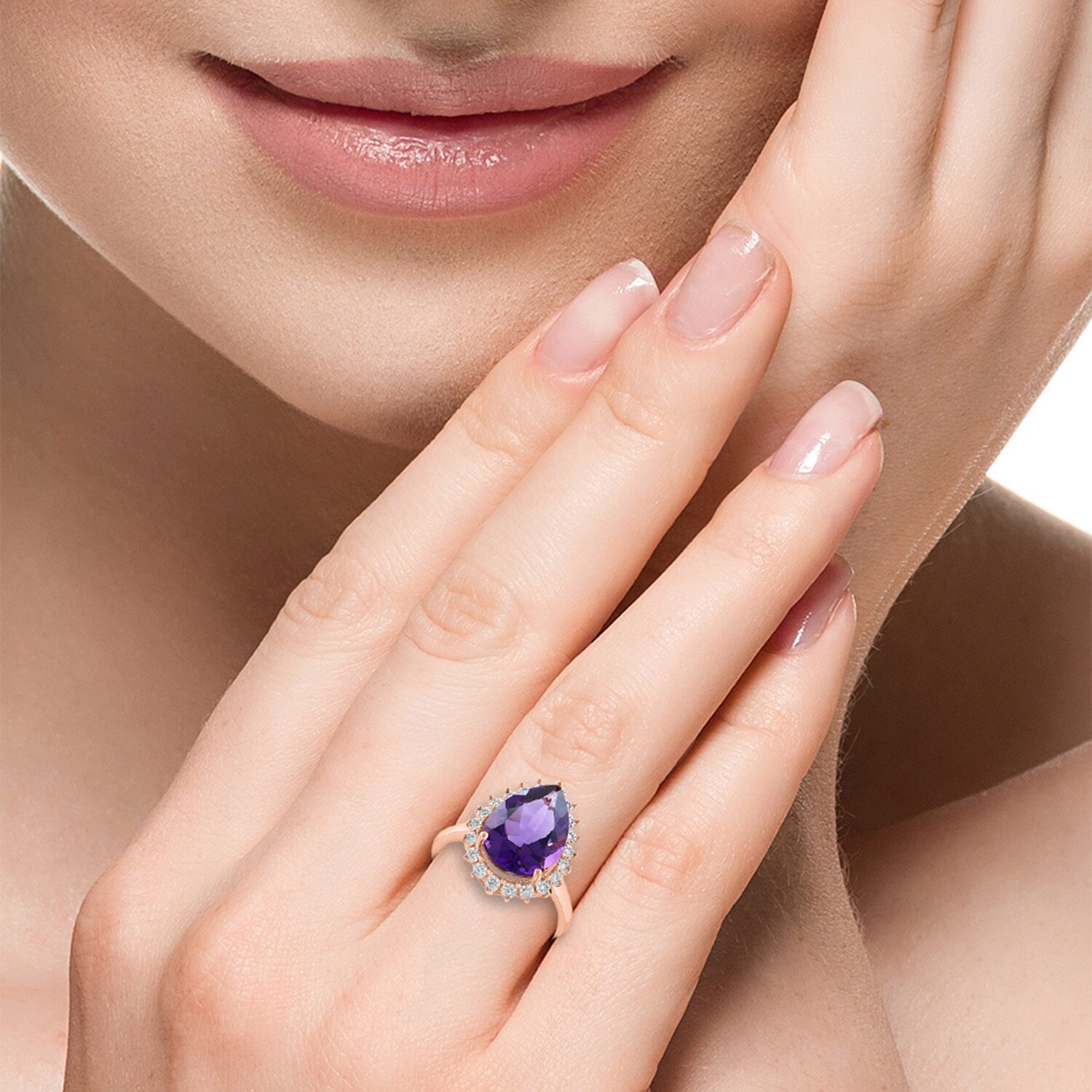 Effy Final Call Limited Quantities! Womens 1/10 CT. T.W. Genuine Purple Amethyst 14K Rose Gold Pear Halo Cocktail Ring