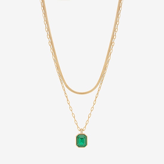 Bijoux Bar Delicates Gold Tone Womens Green Glass Stainless Steel 16 Inch Strand Necklace