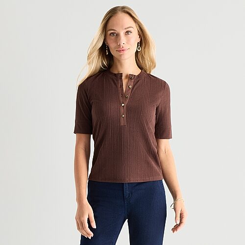 Liz Claiborne Womens Elbow Sleeve Regular Fit Henley Shirt, Xx-large, Brown