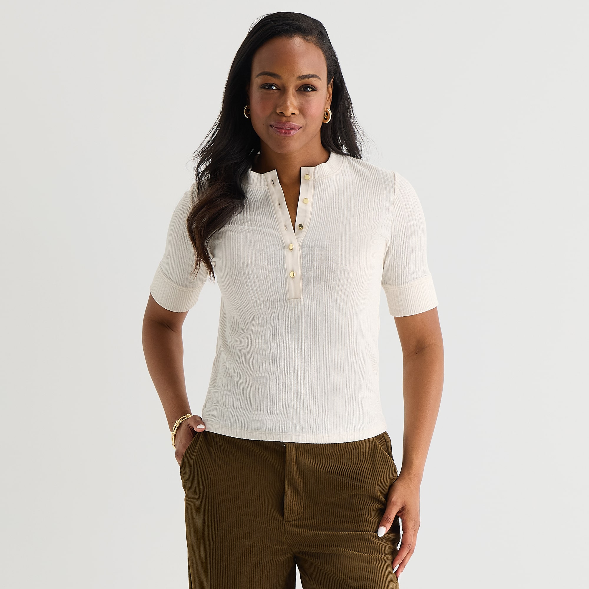 Liz Claiborne Womens Elbow Sleeve Regular Fit Henley Shirt